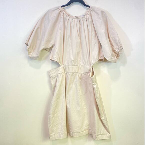 J. Crew Beige Cut Out  Cotton Mini Dress 1 6us Puff Sleeves Elastic Waist Summer - Picture 10 of 11